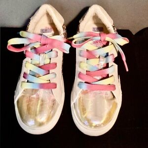 Steve Madden Gold and Pink Sneakers with Rainbow Laces